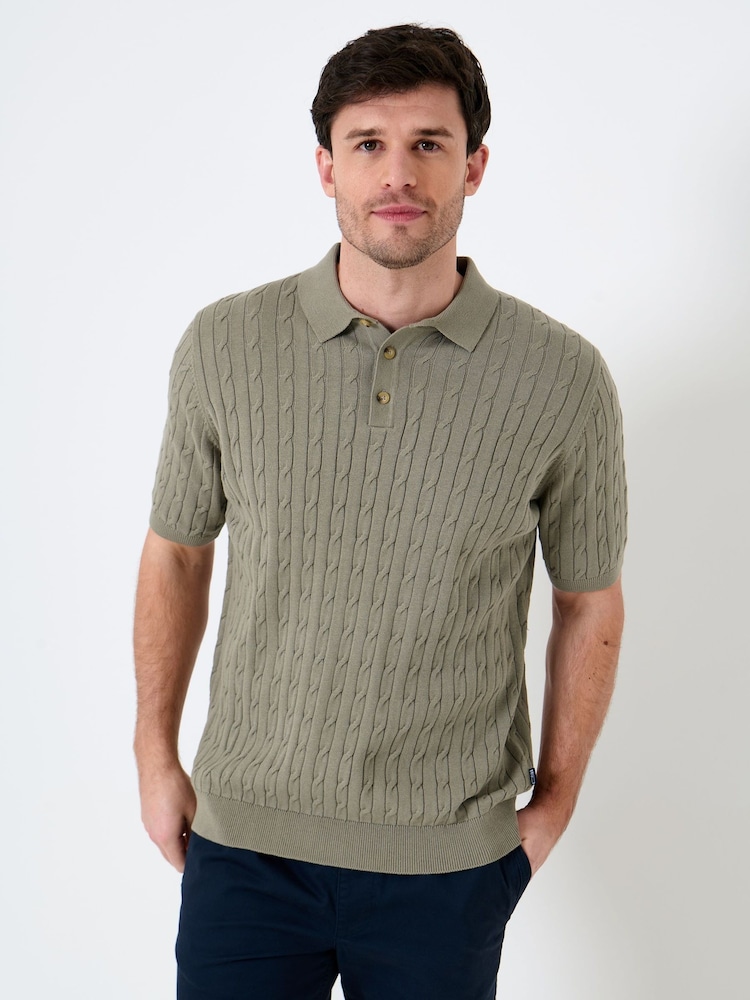 Saltwell Green Cable Knit Short Sleeve Polo Shirt - Image 1 of 6