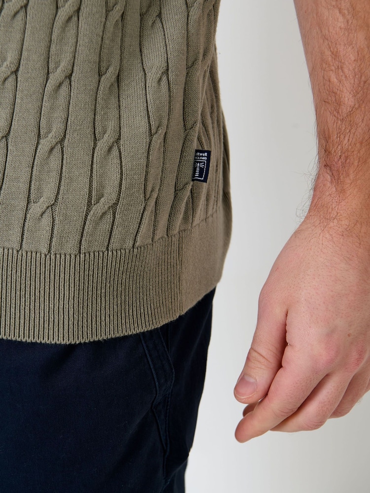 Saltwell Green Cable Knit Short Sleeve Polo Shirt - Image 6 of 6