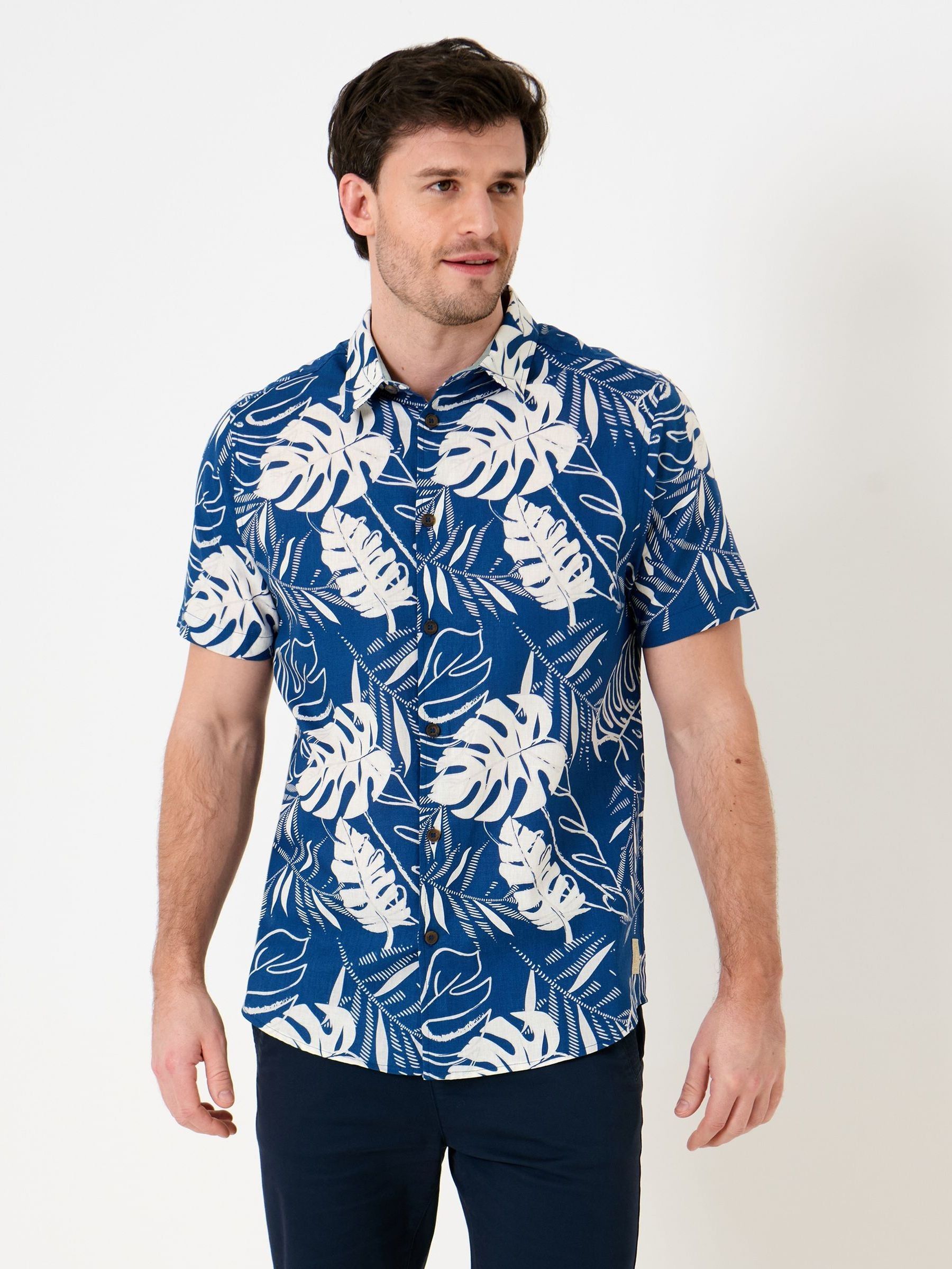 Buy Saltwell Blue Tropical Print Linen Rich Short Sleeve Shirt