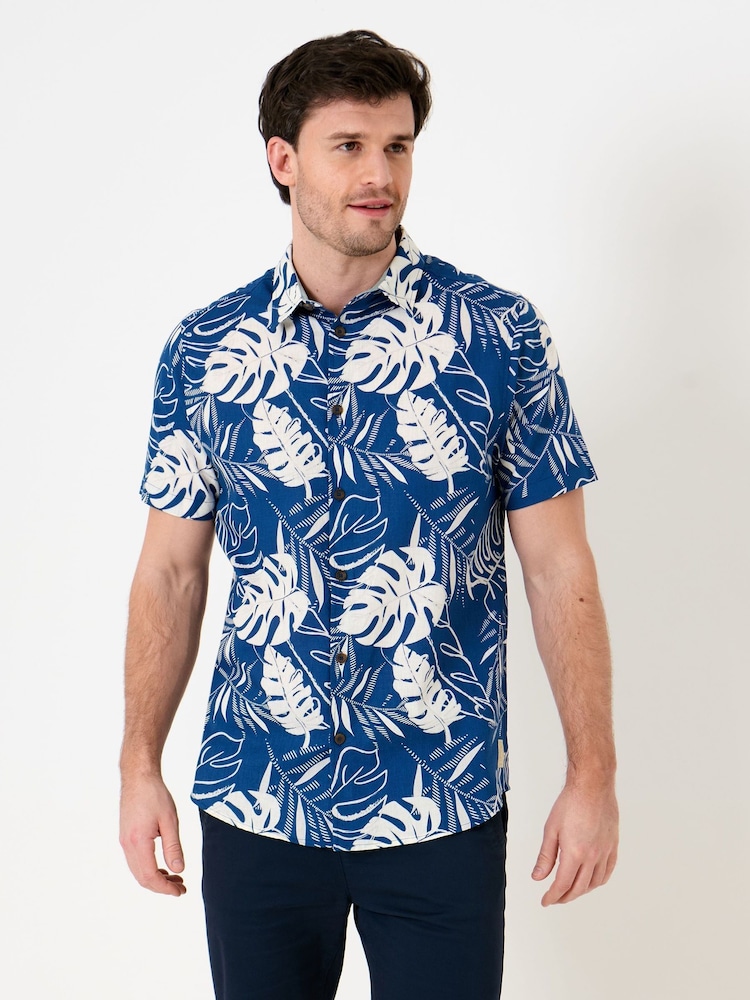 Azul - Saltwell Tropical Print Linen Rich Short Sleeve Shirt - Imagen 1 de 10
