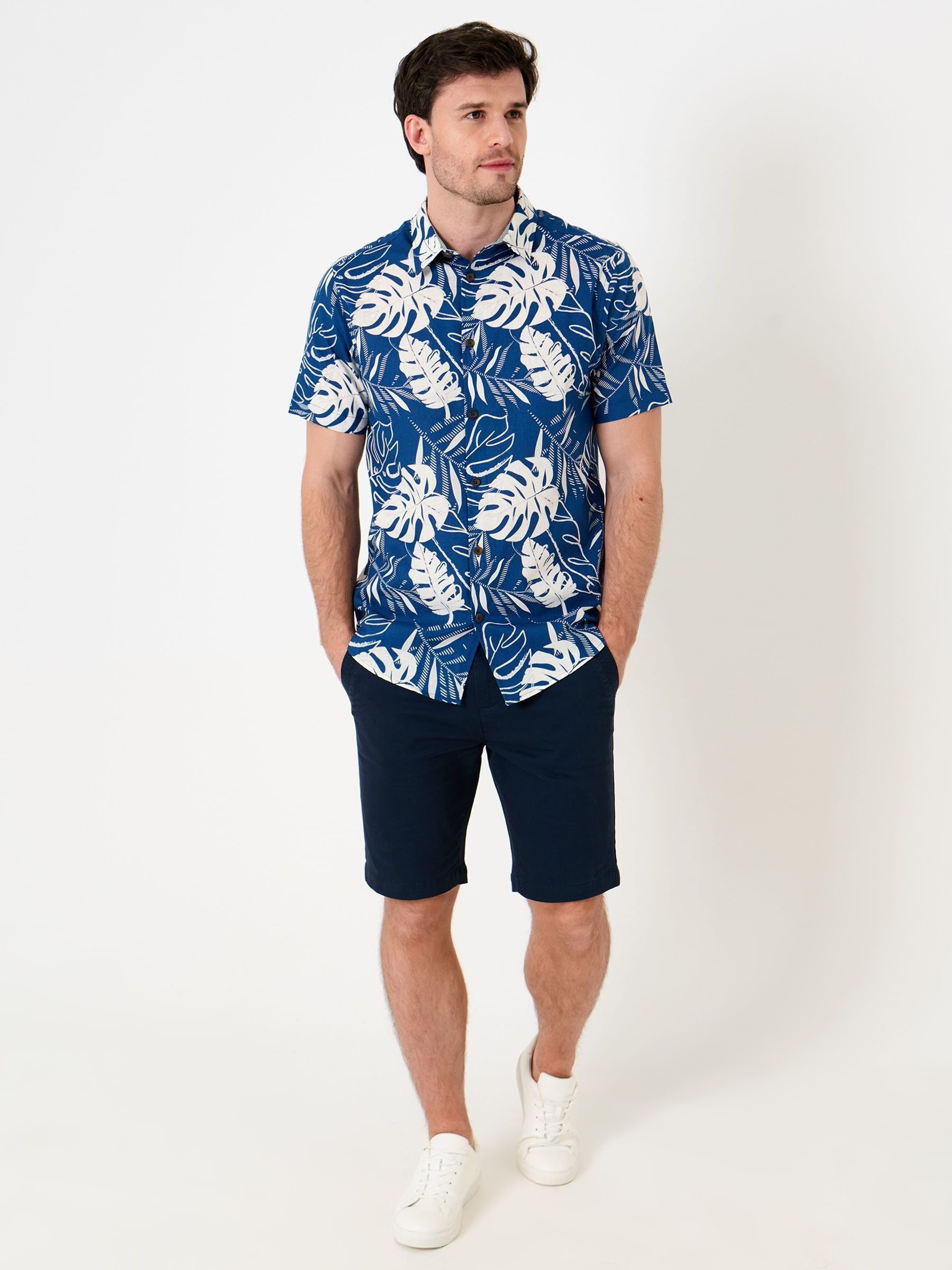 Buy Saltwell Blue Tropical Print Linen Rich Short Sleeve Shirt