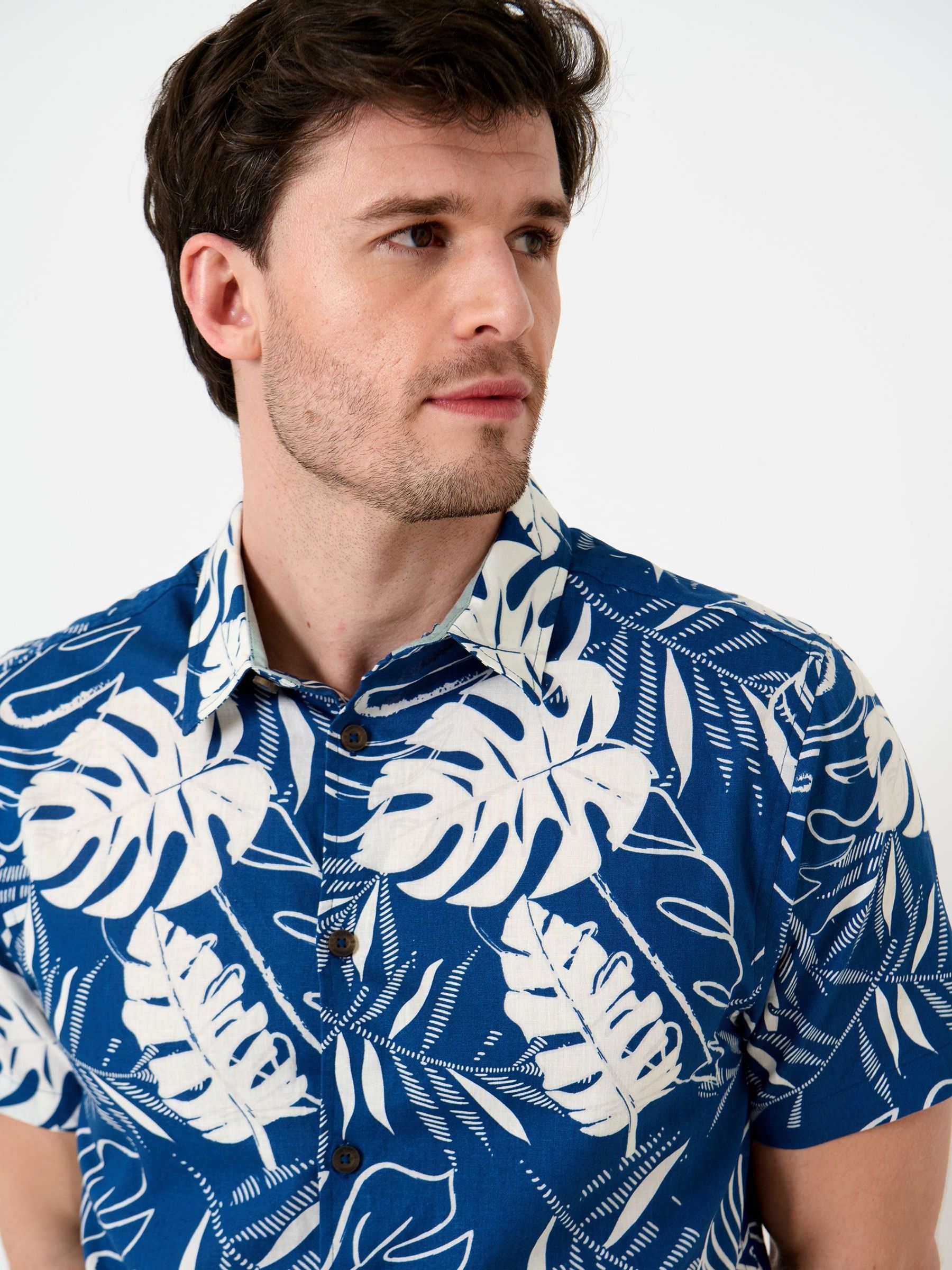 Buy Saltwell Blue Tropical Print Linen Rich Short Sleeve Shirt