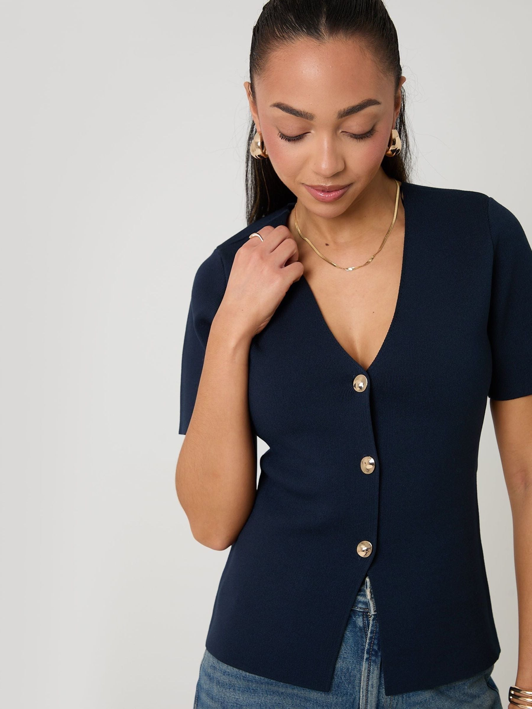 Buy Threadbare Blue V-Neck Compact Knitted Top from Next USA