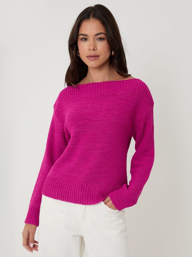 Threadbare Pink Knitted Yarn Slash Neck Jumper - Image 1 of 4 Threadbare Pink Knitted Yarn Slash Neck Jumper - Image 1 of 4