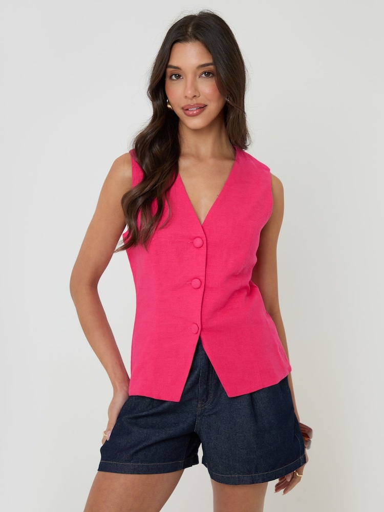 Threadbare Pink Linen Blend V-Neck Waistcoat - Image 1 of 4