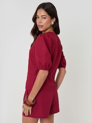 Threadbare Red Linen Blend Puff Sleeve Top - Image 4 of 5