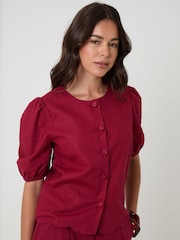 Threadbare Red Linen Blend Puff Sleeve Top - Image 5 of 5