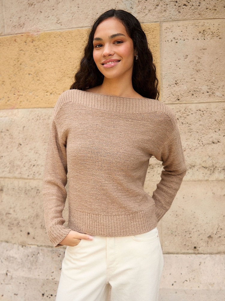 Threadbare Brown Knitted Yarn Slash Neck Jumper - Image 1 of 5