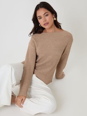 Threadbare Brown Knitted Yarn Slash Neck Jumper - Image 2 of 5