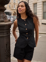 Threadbare Black Linen Blend Longline Waistcoat - Image 1 of 5