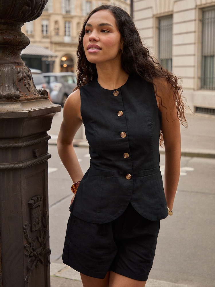 Threadbare Black Linen Blend Longline Waistcoat - Image 1 of 5