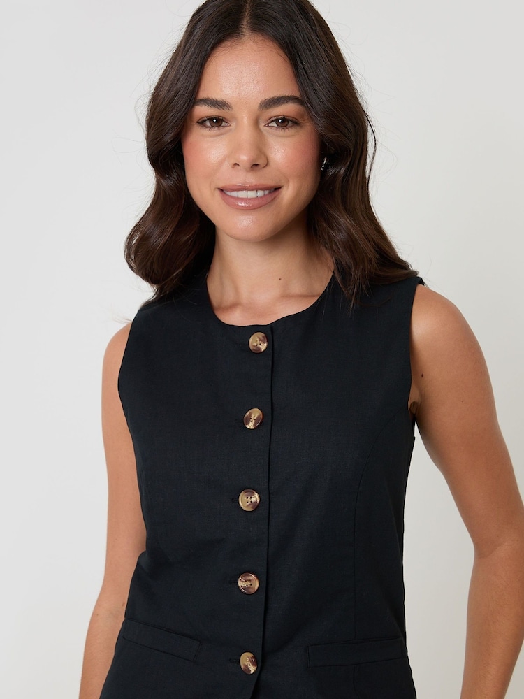Threadbare Black Linen Blend Longline Waistcoat - Image 4 of 4 Threadbare Black Linen Blend Longline Waistcoat - Image 4 of 4
