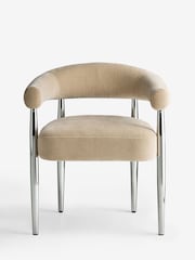 Set of 2 Opulent Chenille Light Camel Brown Chrome Leg Arm Aire Dining Chairs - Image 1 of 6
