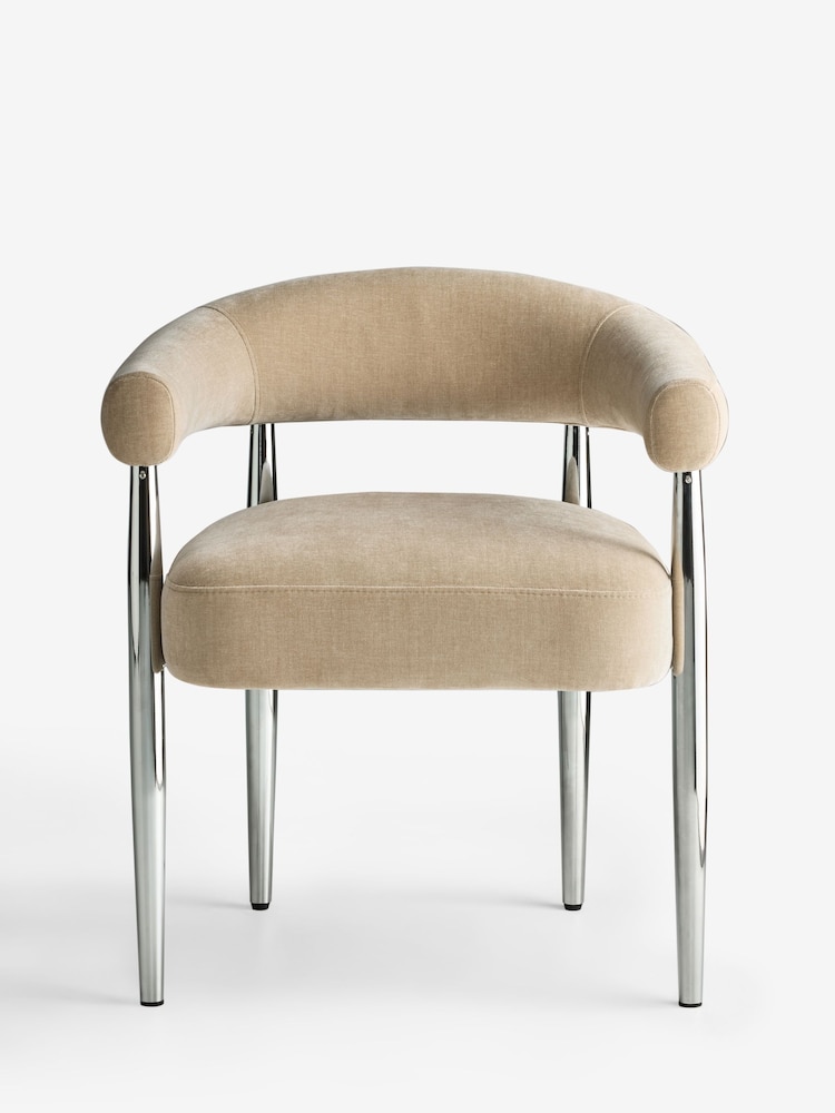 Set of 2 Opulent Chenille Light Camel Brown Chrome Leg Arm Aire Dining Chairs - Image 1 of 6 Set of 2 Opulent Chenille Light Camel Brown Chrome Leg Arm Aire Dining Chairs - Image 1 of 6