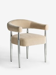 Set of 2 Opulent Chenille Light Camel Brown Chrome Leg Arm Aire Dining Chairs - Image 2 of 6