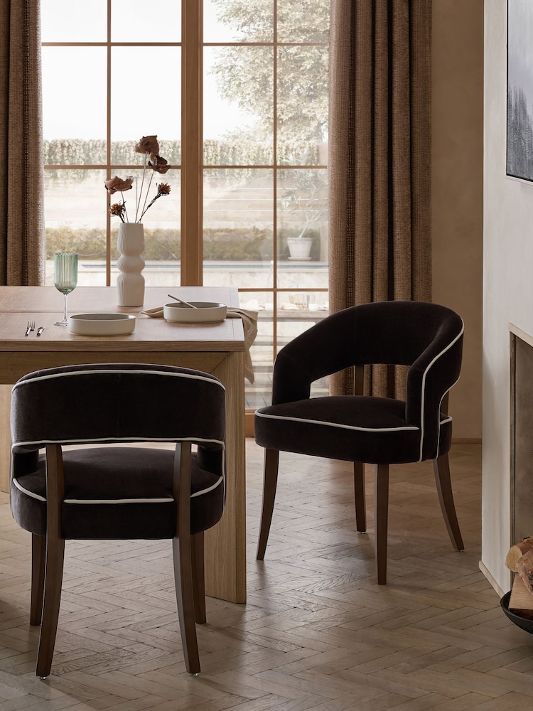 Set of 2 Relaxed Chenille Chocolate Brown Dark Wood Leg Remi Dining Chairs - Image 1 of 8 Set of 2 Relaxed Chenille Chocolate Brown Dark Wood Leg Remi Dining Chairs - Image 1 of 8