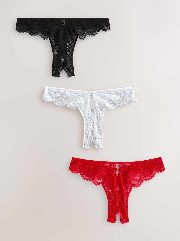 Black/White/Red Crotchless Thong Lace Knickers 3 Pack - Image 1 of 12
