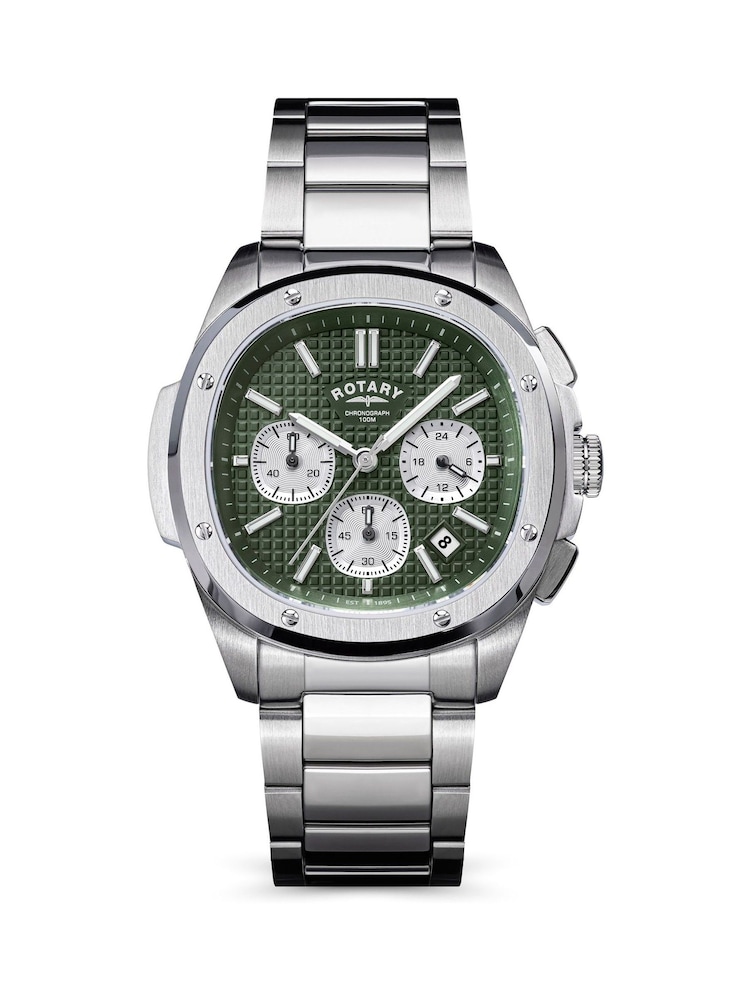 Rotary Silver Tone Apex 100 Chronograph Green Dial Stainless Steel Tone Bracelet Watch - Image 1 of 5