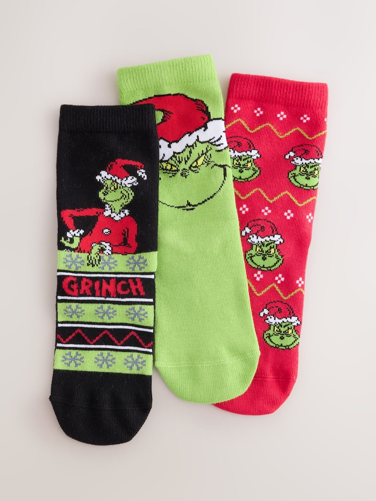 Grinch Cotton Rich License Christmas Socks 3 Pack - Image 1 of 3 Grinch Cotton Rich License Christmas Socks 3 Pack - Image 1 of 3