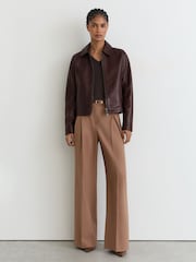 Reiss Chocolate Brown Sorina Leather Zip-Through Moto Jacket - Image 1 of 10