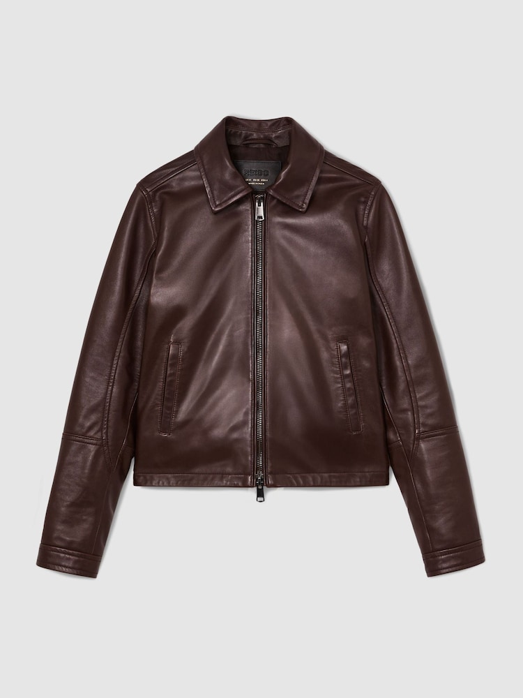 Reiss Chocolate Brown Sorina Leather Zip-Through Moto Jacket - Image 2 of 10 Reiss Chocolate Brown Sorina Leather Zip-Through Moto Jacket - Image 2 of 10
