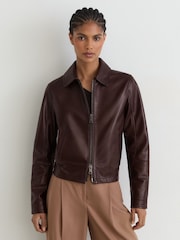 Reiss Chocolate Brown Sorina Leather Zip-Through Moto Jacket - Image 5 of 10
