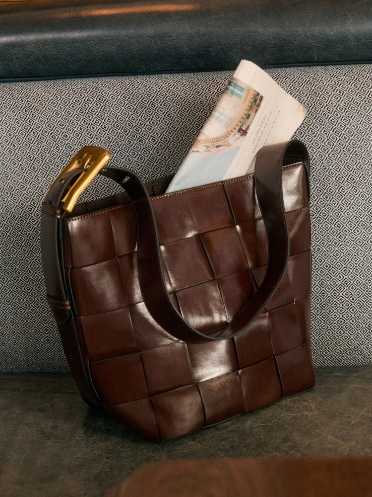 Love & Roses Chocolate Brown Oversized Weave Buckle Shoulder Bag - Image 1 of 7 Love & Roses Chocolate Brown Oversized Weave Buckle Shoulder Bag - Image 1 of 7