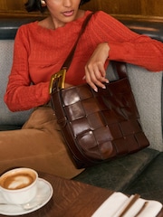 Love & Roses Chocolate Brown Oversized Weave Buckle Shoulder Bag - Image 3 of 7