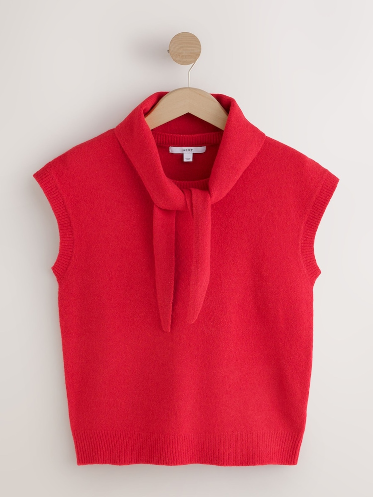 Red Tie Neck Knitted Tank Top - Image 1 of 4
