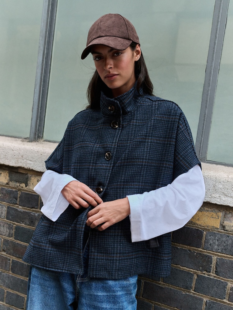 Navy Check Cape Cover-Up - Image 1 of 8 Navy Check Cape Cover-Up - Image 1 of 8