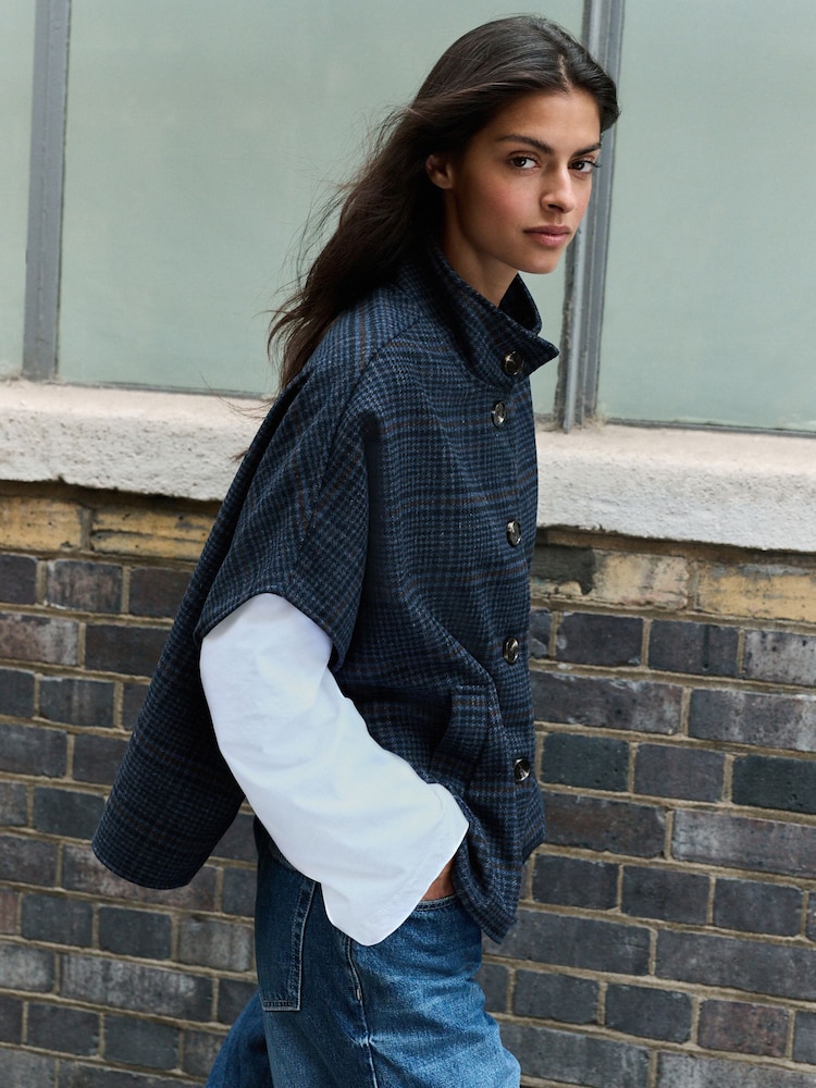 Navy Check Cape Cover-Up - Image 2 of 8 Navy Check Cape Cover-Up - Image 2 of 8
