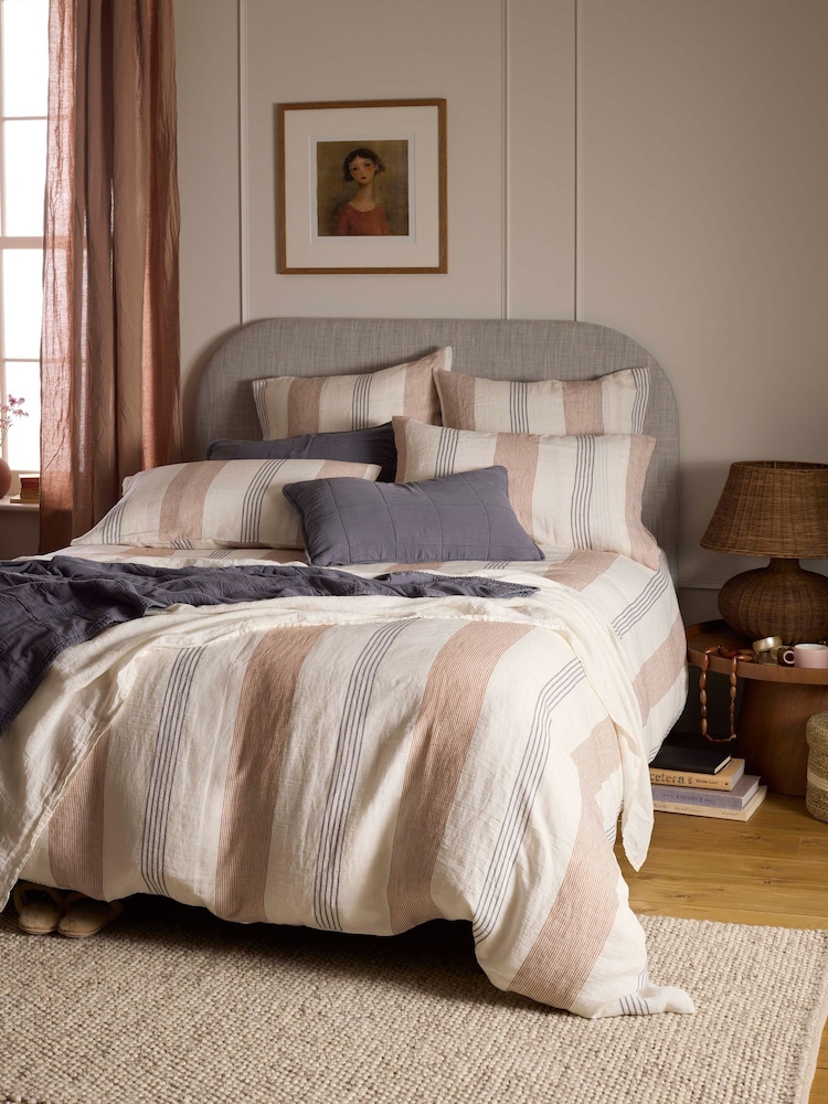 Secret Linen Store Blue and Spice Sienna Stripe 100% Linen Duvet Cover - Image 1 of 3