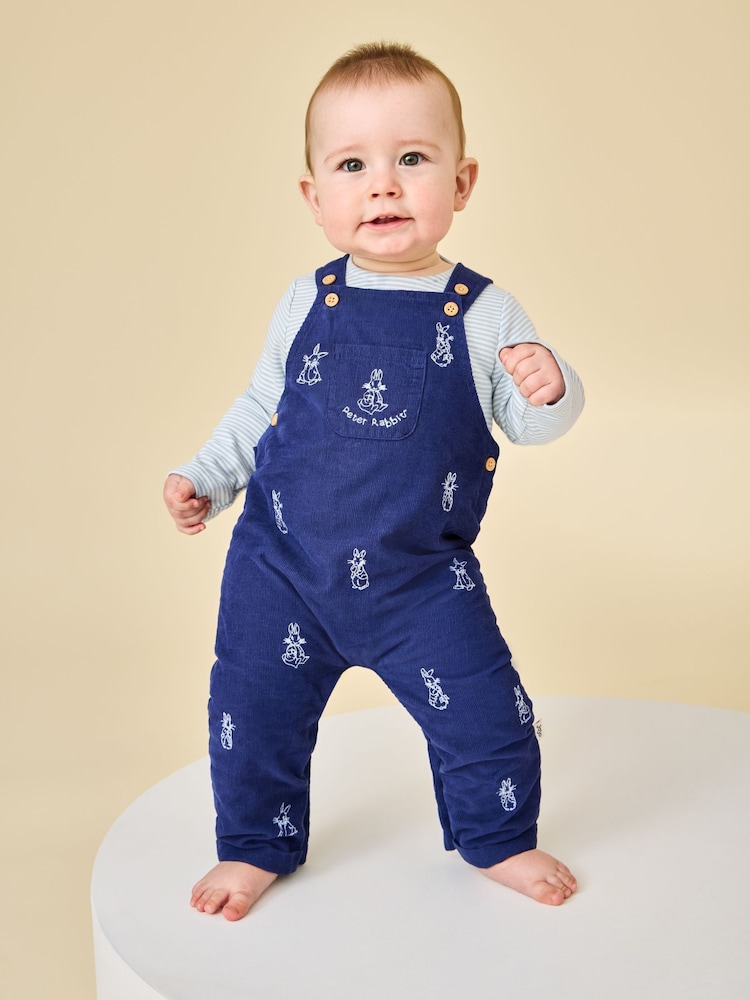 Jojo Maman Bébé Navy Blue Peter Rabbit™ Embroidered Dungaree & Bodysuit Set - Image 1 of 8 Jojo Maman Bébé Navy Blue Peter Rabbit™ Embroidered Dungaree & Bodysuit Set - Image 1 of 8