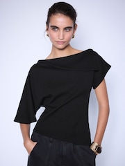 Black Asymmetric Folded Neckline Short Sleeved Top - Image 1 of 8