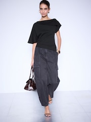 Black Asymmetric Folded Neckline Short Sleeved Top - Image 2 of 8