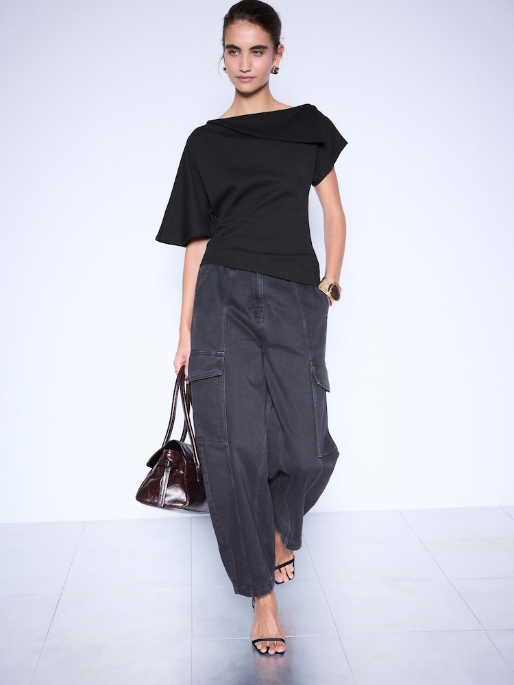 Black Asymmetric Folded Neckline Short Sleeved Top - Image 2 of 8 Black Asymmetric Folded Neckline Short Sleeved Top - Image 2 of 8