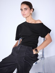 Black Asymmetric Folded Neckline Short Sleeved Top - Image 3 of 8