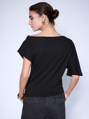 Black Asymmetric Folded Neckline Short Sleeved Top - Image 4 of 8