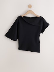 Black Asymmetric Folded Neckline Short Sleeved Top - Image 6 of 8