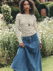 Ecru/Floral National Trust X Next Shirred Mesh Long Sleeve Button Through Top - Image 1 of 7