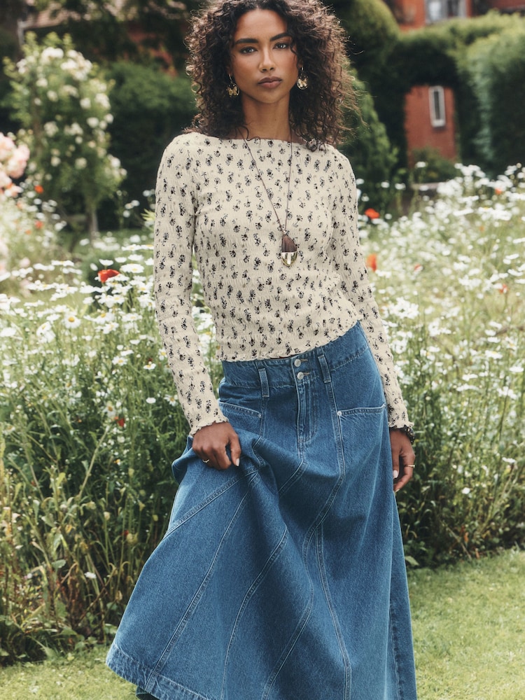 Ecru/Floral National Trust X Next Shirred Mesh Long Sleeve Button Through Top - Image 1 of 7 Ecru/Floral National Trust X Next Shirred Mesh Long Sleeve Button Through Top - Image 1 of 7