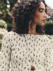 Ecru/Floral National Trust X Next Shirred Mesh Long Sleeve Button Through Top - Image 2 of 7