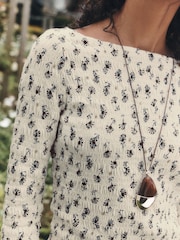 Ecru/Floral National Trust X Next Shirred Mesh Long Sleeve Button Through Top - Image 4 of 7