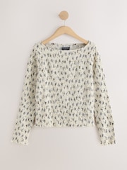 Ecru/Floral National Trust X Next Shirred Mesh Long Sleeve Button Through Top - Image 5 of 7