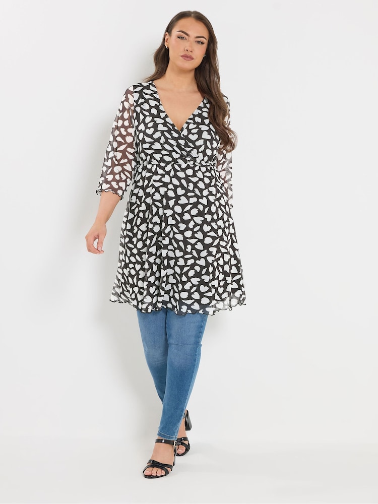 Yours Curve Black Wrap Front Mesh Tunic Top - Image 2 of 6