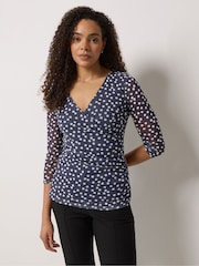 M&Co Blue 3/4 Sleeve Mesh Wrap Top - Image 1 of 5