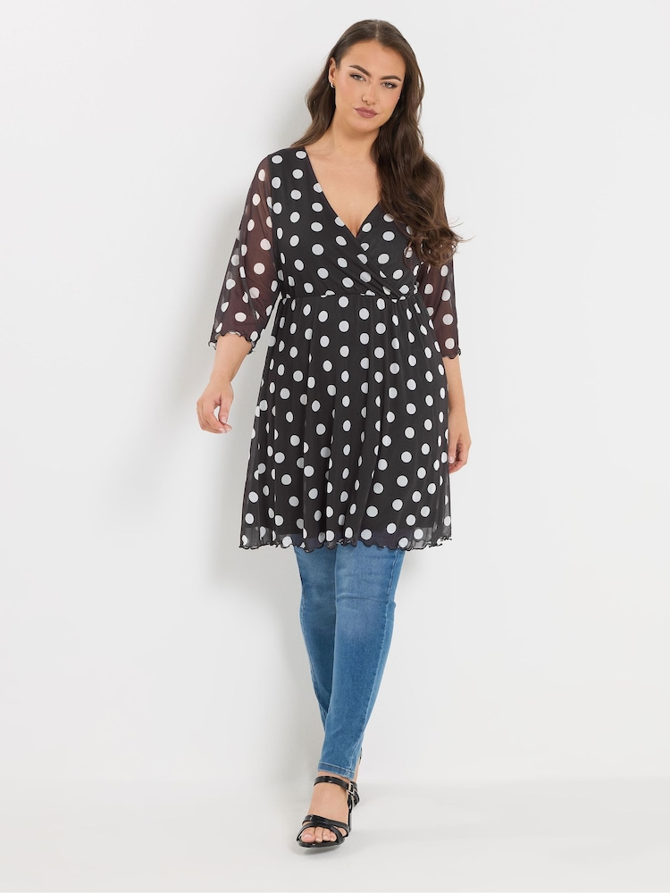 Yours Curve Black Polka Dot Wrap Front Mesh Tunic Top - Image 1 of 6