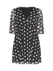 Yours Curve Black Polka Dot Wrap Front Mesh Tunic Top - Image 6 of 6