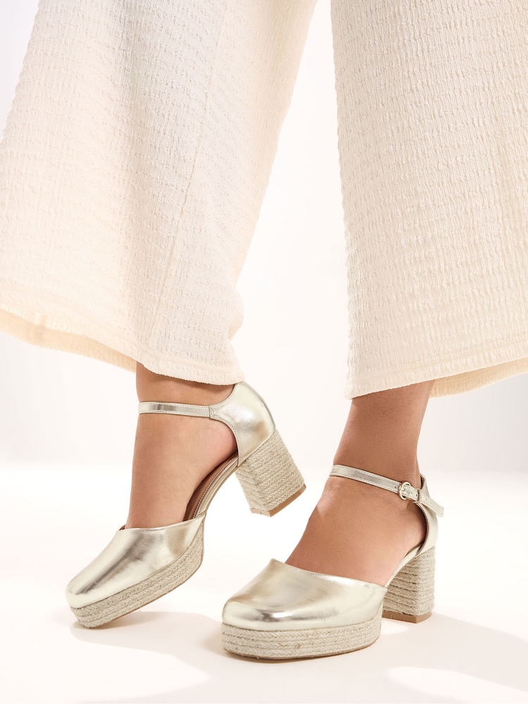 Yours Curve Gold EEE Extra-Wide Fit Espradrille Platform Block Heels - Image 1 of 4