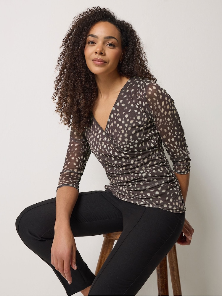 M&Co Brown 3/4 Sleeve Mesh Wrap Top - Image 1 of 5